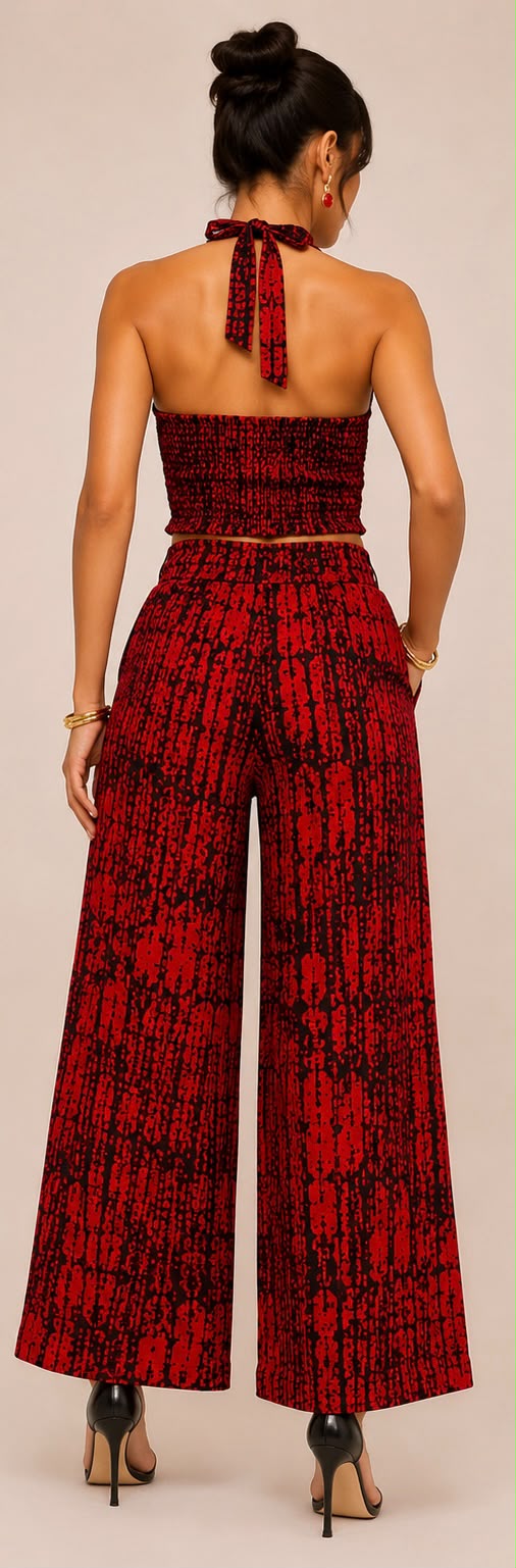 Red & Black Ankara 2-Piece Set – Smocked Top & Palazzo Trousers