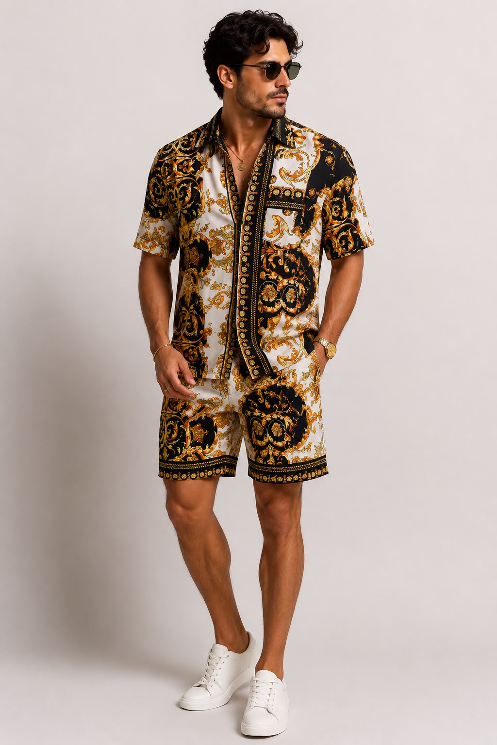 Men's Vintage Co-ord Set – Gold, Black & Cream African Print Shirt & Shorts