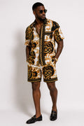 Men's Vintage Co-ord Set – Gold, Black & Cream African Print Shirt & Shorts