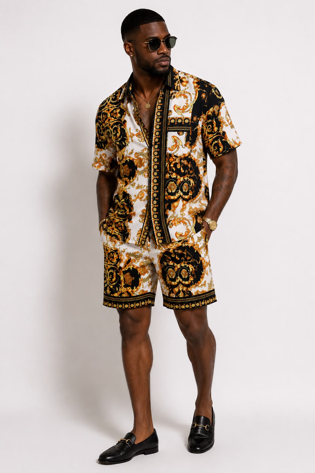 Men's Vintage Co-ord Set – Gold, Black & Cream African Print Shirt & Shorts