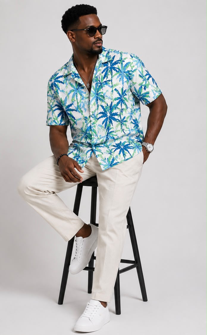 Men's Shirt – Blue, White & Green Palm Tree Print