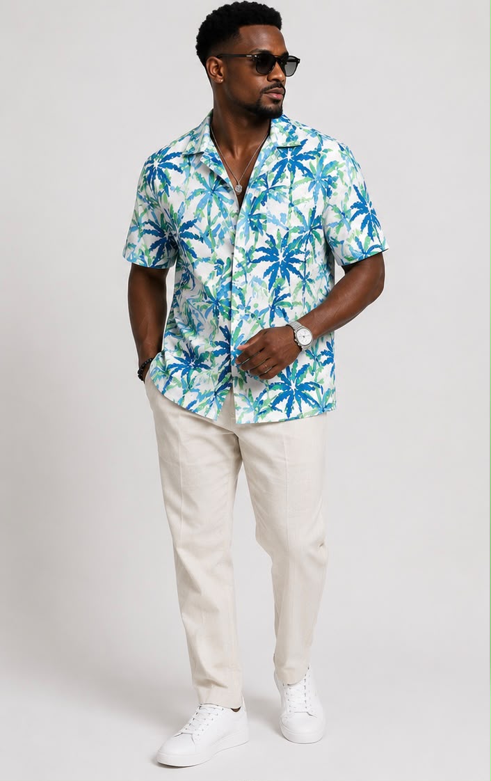 Men's Shirt – Blue, White & Green Palm Tree Print