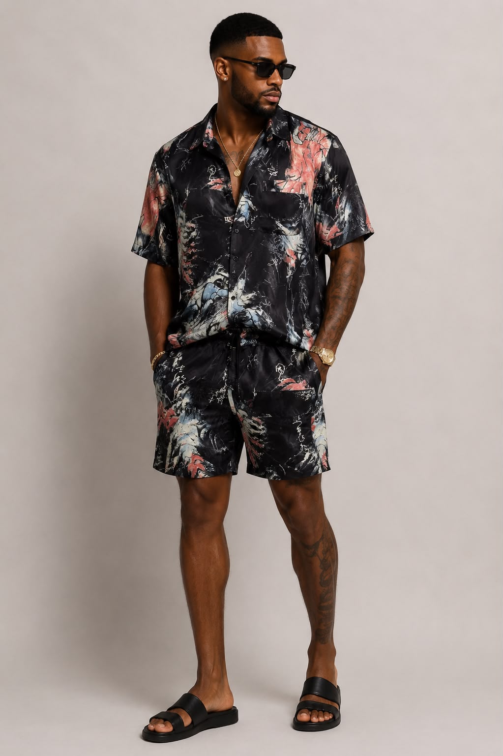 Men's Shirt & Short Co-ord Set – Blue/Black, Coral & White African Print