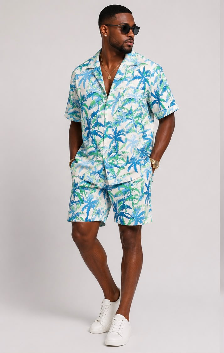Men's Shirt & Short Co-ord Set – Blue, White & Green Palm Tree Print