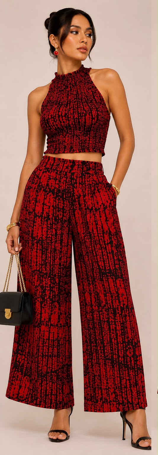 Red & Black Ankara 2-Piece Set – Smocked Top & Palazzo Trousers