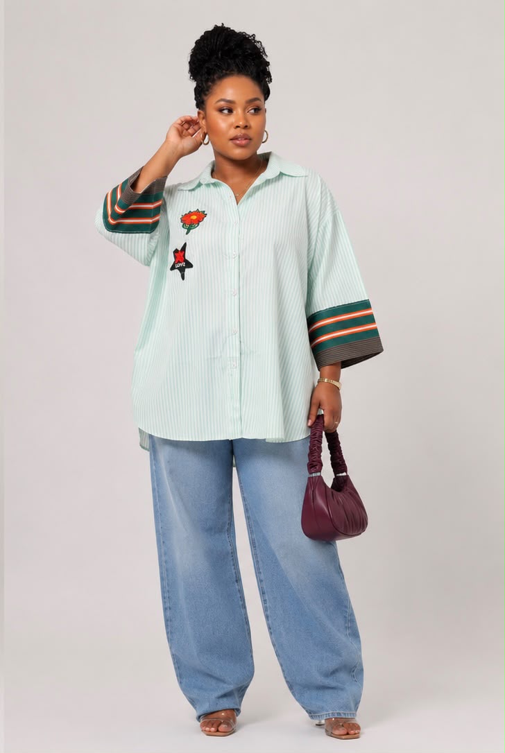 Stylish Aso‑Oke Mixed Shirt with Embellishment —