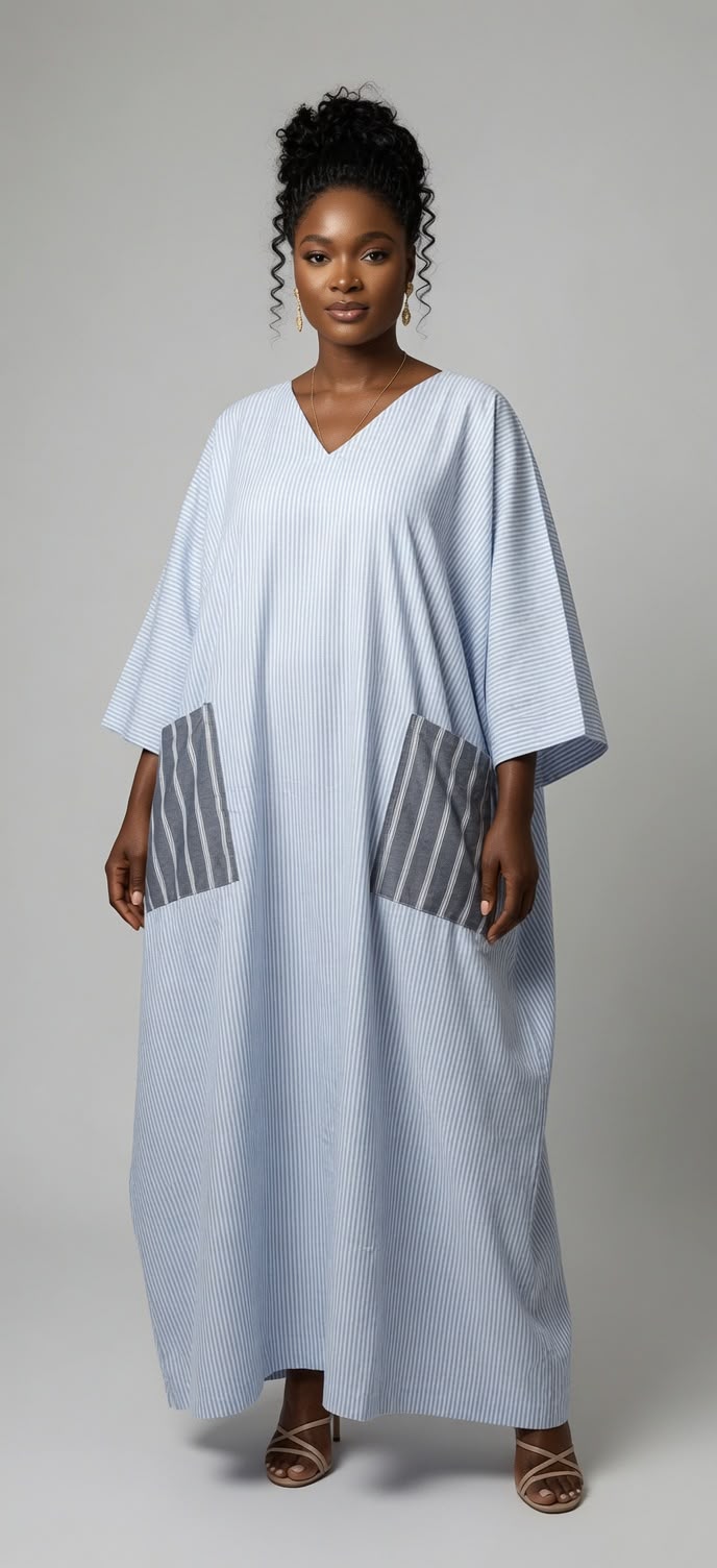 Adebanke Boubou – Light Blue Flowing Dress with Royal Blue Pocket & Stylish Back Design