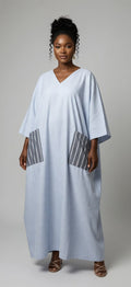 Adebanke Boubou – Light Blue Flowing Dress with Royal Blue Pocket & Stylish Back Design