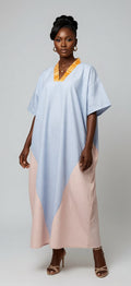 Adeola Kaftan – Blue & Light Pink Stripe Kaftan with Yellow Adire V‑Neckline