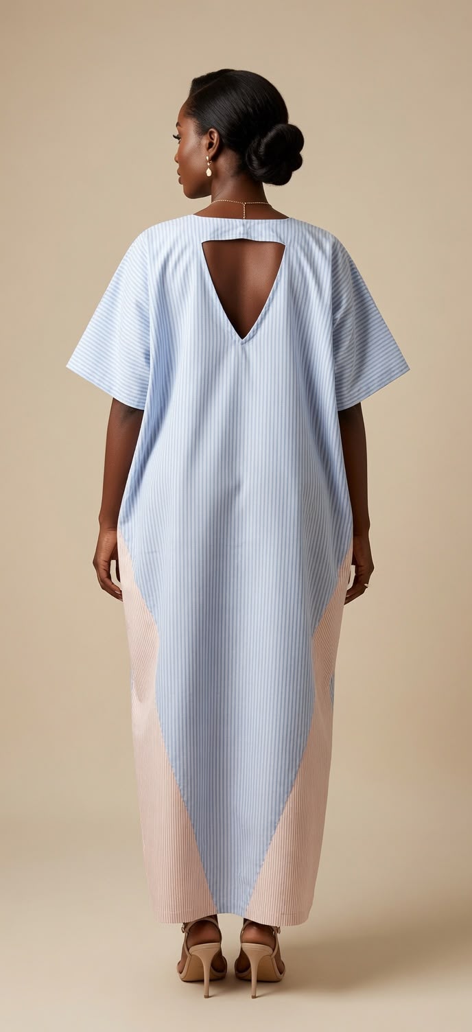 Adeola Kaftan – Blue & Light Pink Stripe Kaftan with Yellow Adire V‑Neckline