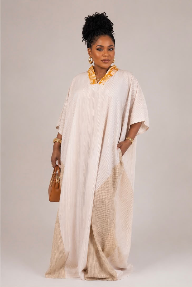 Adeola Kaftan Dress – Beige Stripe Dress with Gold Adire V‑Neckline and Stylish V‑Cut Back
