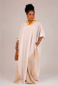 Adeola Kaftan Dress – Beige Stripe Dress with Gold Adire V‑Neckline and Stylish V‑Cut Back