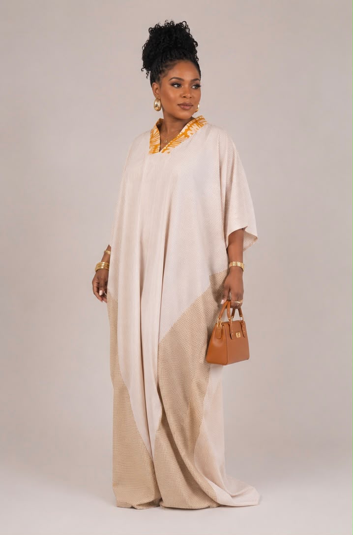 Adeola Kaftan Dress – Beige Stripe Dress with Gold Adire V‑Neckline and Stylish V‑Cut Back