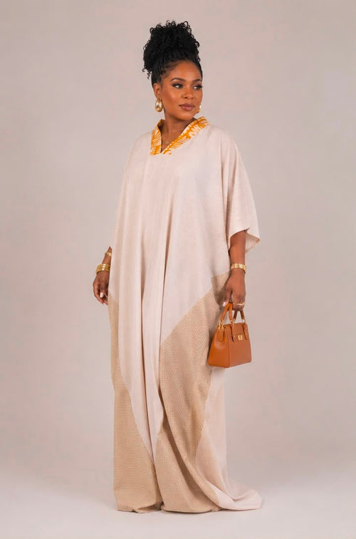 Adeola Kaftan Dress – Beige Stripe Dress with Gold Adire V‑Neckline and Stylish V‑Cut Back