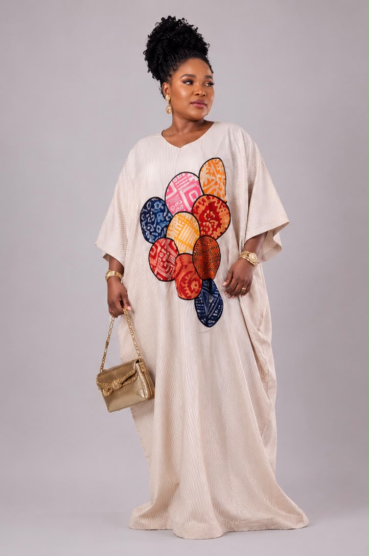 Adebimpe Dress- Beige & Cream Stripe Dress with Adire Round Patches and Stylish Back