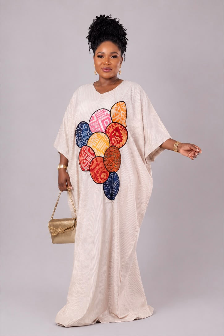 Adebimpe Dress- Beige & Cream Stripe Dress with Adire Round Patches and Stylish Back