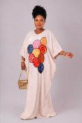 Adebimpe Dress- Beige & Cream Stripe Dress with Adire Round Patches and Stylish Back