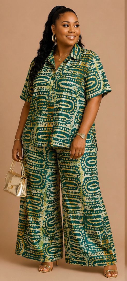 Adire Crepe – Green & Gold Pattern | UK Size 14-18