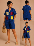 Adire Cotton & Aso-Oke 2-Piece Shirt & Shorts Co-ord – Blue/Black | UK Size 12-14