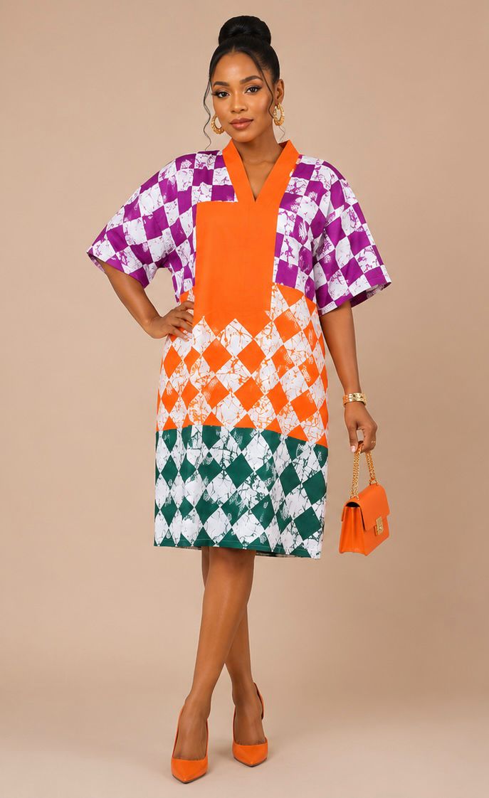 Olawunmi Dress- Multitone Ankara mixed with Aso-Oke