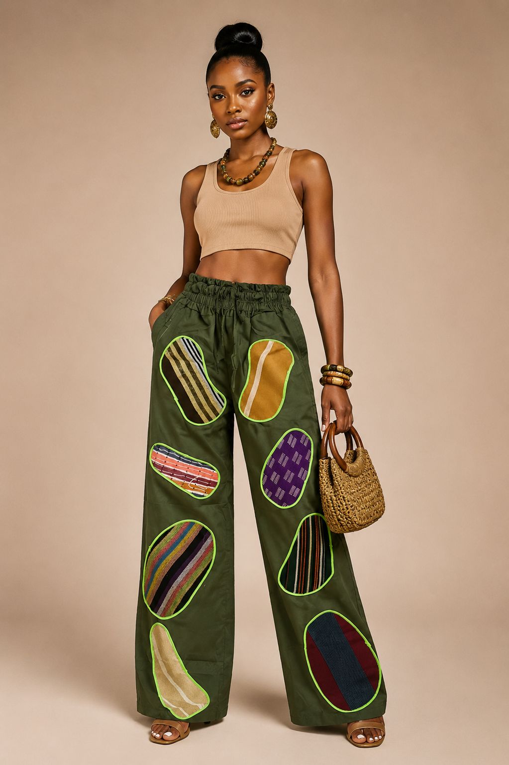 Ayinke Patch Pant – Olive Green Aso-oke Patchwork Trouser